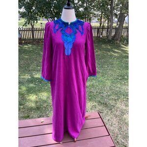 Purple Velvet Robe With Blue Applique & Long Sleeves M Zipper Vintage Kayser